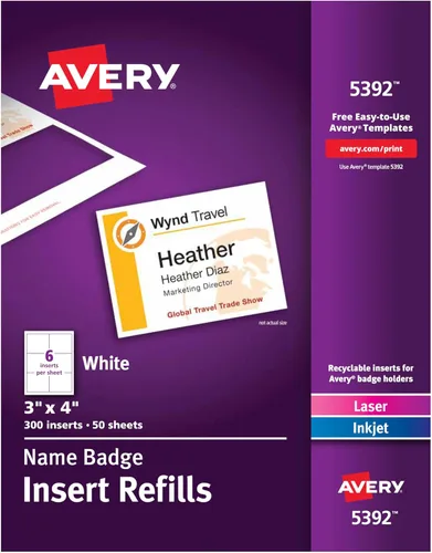 Avery Insertos personalizables de etiquetas de identificación para portaetiquetas de nombre, 3" x 4", blanco, imprimible con láser/inyección de
