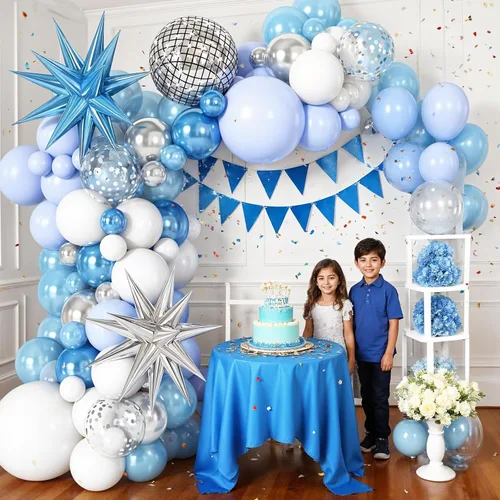 Miniatura 4 de Kit de guirnalda de arco de globos de color azul, blanco y plateado con globos de bola de discoteca, globos de papel de aluminio de estrella