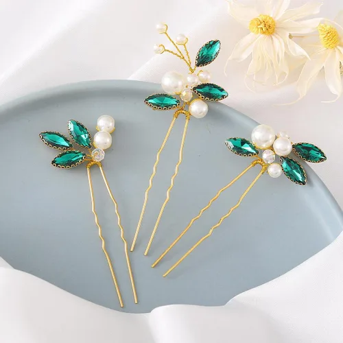 Miniatura 2 de Casdre Horquillas para el pelo de perlas doradas y verdes con diamantes de imitación para novias, accesorios para el cabello de boda para mujeres