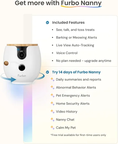 Miniatura 4 de Furbo Mini 360° [Nuevo] Cámara para mascotas 2K QHD: Dispensador de premios giratorio para perros y gatos con aplicación para teléfono, cámara