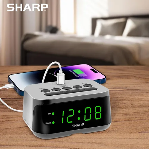 Miniatura 5 de Sharp Reloj despertador digital con puerto de carga USB-C súper rápido y pantalla LED verde