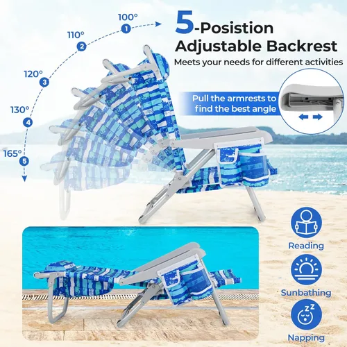 Miniatura 5 de Giantex Silla de playa tipo mochila, silla de camping plegable con 5 posiciones ajustables, soporte para tazas, bolsillos de almacenamiento