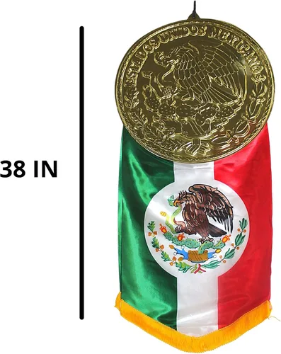 Miniatura 2 de Bandera de Mexcio colgante extragrande con flecos y placa de Estados Unidos Mexicanos en tono dorado, suministros y decoraciones para fiesta