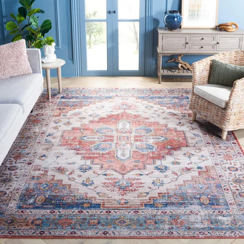 Miniatura 17 de SAFAVIEH Alfombra lavable Tucson Collection - 2 pies 6 pulgadas x 4 pies, beige y azul, antideslizante, ideal para zonas de alto tráfico en entrada