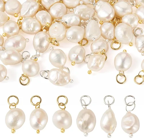Miniatura 9 de Pandahall - 50 dijes de perlas de agua dulce plateadas, conectores colgantes de perlas naturales y eslabones en forma de arroz con lazo para mujer