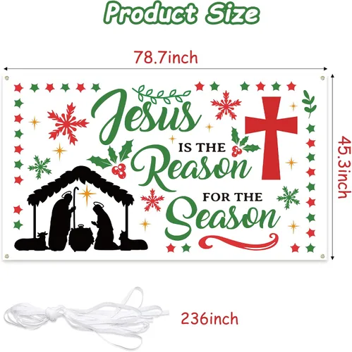 Miniatura 2 de WATINC Cartel de fondo de Navidad con texto en inglés «Jesús es la razón de la temporada», cruz de natividad, Navidad, vacaciones de invierno