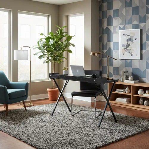 Miniatura 6 de FurnitureR Escritorio de oficina en casa con deflector, escritorio de estudio de computadora de 47.2 pulgadas con patas de metal en forma de X, mesa