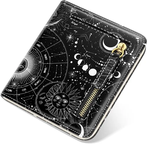 Miniatura 26 de Billetera de cuero genuino de lujo para mujer con bloqueo RFID, compacta, plegable, con ventana para identificación, Gato negro, Moderno