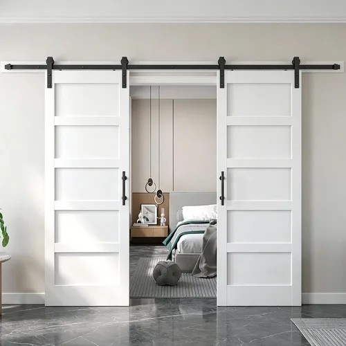 Miniatura 33 de Fredbeck Puerta de granero blanca de 30 x 84 pulgadas con kit de herrajes para puerta corredera de 5.5 pies incluido y asa, sólida, MDF, superficie