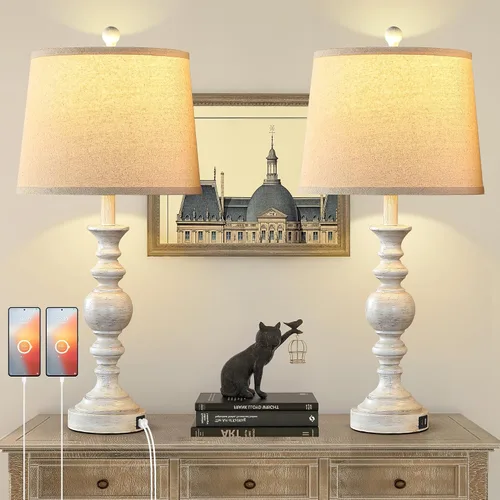 Miniatura 9 de Lámparas de Mesa de Estilo Granja para Dormitorio, Juego de 2, Lámpara de Noche Rústica de 28 pulgadas con Puertos USB, Lámpara de Mesa de Noche
