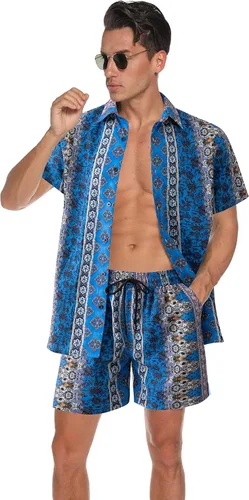 Miniatura 2 de Atwfo Camisas hawaianas para hombre, estilo casual, con botones, manga corta, pantalones cortos estampados, para verano, playa, tropical, hawaiano