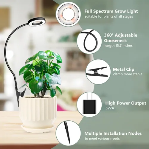 Miniatura 5 de Luz de cultivo con clip, luces de plantas de halo de 6000 K para cultivar plantas pequeñas, lámpara LED de espectro completo con temporizador