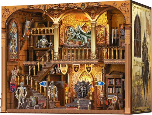 Miniatura 11 de Kit de Rincón de Libros - Casa de Muñecas Castillo del Caballero con Escena del Salón del Trono, Rompecabezas 3D en Miniatura para Estanterías