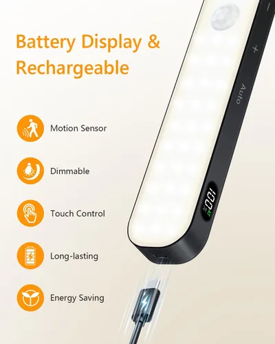 Miniatura 7 de Ferswe Luces de armario recargables, pantalla de nivel de batería, luces regulables, luz con sensor de movimiento de 3000 K para interiores, 60