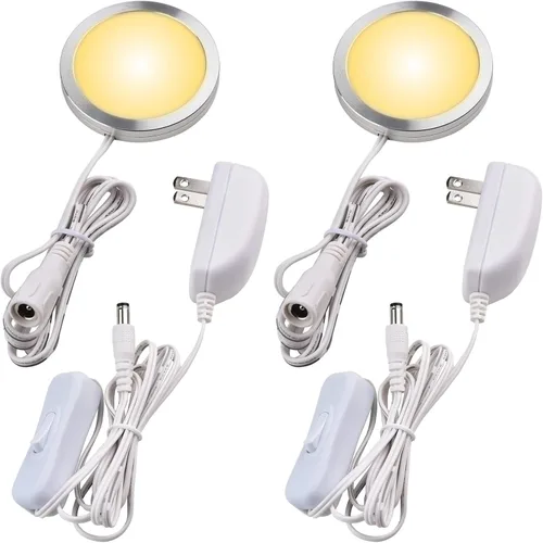 Luz LED individual de disco para debajo del gabinete de cocina, 120 V, enchufe directo de pared en armario, luz nocturna de armario, fácil de