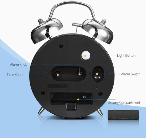 Miniatura 7 de Reloj despertador súper fuerte para personas que duermen pesadas, reloj despertador de campana doble de 4 pulgadas con luz de fondo, funciona