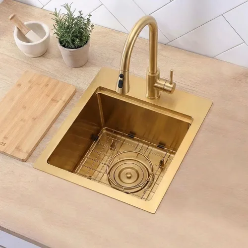 Miniatura 26 de LQS Fregadero pequeño de barra dorada para montaje inferior, fregadero de barra húmeda de PVD dorado y fregadero de cocina RV de 15 x 17 pulgadas