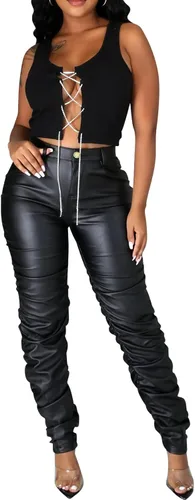 hibshaby Sexy Club - Pantalones de piel sintética para mujer, cintura alta, fruncidos, apilados