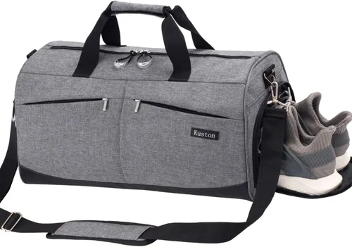 Miniatura 9 de Kuston Bolsa de gimnasio deportiva con compartimento para zapatos y bolsillo húmedo, bolsa de lona para gimnasio para hombres y mujeres, Gris