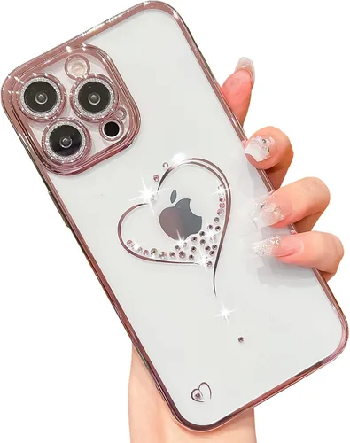 Miniatura 10 de Bling Glitter Heart compatible con iPhone 13 Pro de 6.1 pulgadas, bonito protector de cámara completo brillante para mujer, funda de teléfono Oro