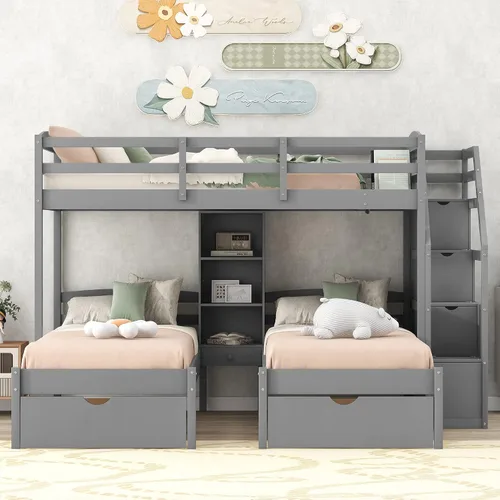 Miniatura 3 de Bellemave Literas triples con escaleras de madera, tamaño individual sobre dos literas individuales con cajones de almacenamiento y estantes