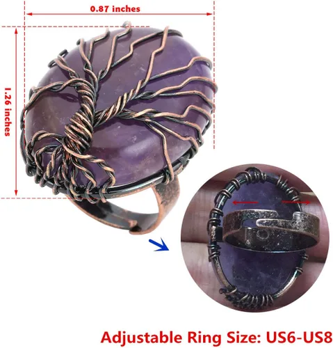 Miniatura 7 de Top Plaza Anillo Ajustable de Banda de Bronce Hecho a Mano Retro Vintage de Alambre de Cobre Envuelto Árbol de la Vida Piedra Preciosa de Cristal