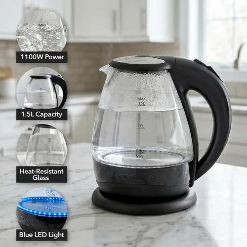 Miniatura 2 de OVENTE Hervidor eléctrico de vidrio de 1.5 L con luz LED azul, calentador de agua de encimera iluminado de 1100 W y caldera para café o té, apagado