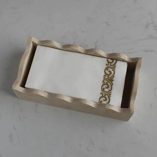 Miniatura 5 de Portatollas para invitados de travertino natural de 9.8" × 4.9" para baño, portaservilletas rectangular con borde festoneado, bandeja para toallas