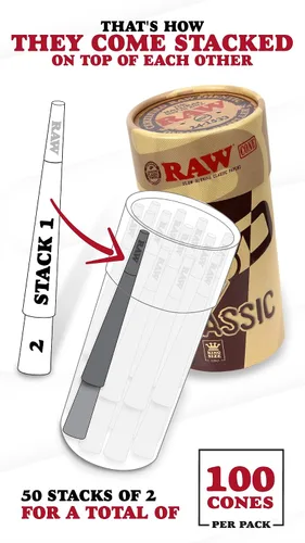 Miniatura 2 de RAW Cones Classic King Size – Paquete de 100 – Papel preenrollado de combustión lenta con puntas y tubos de embalaje incluidos