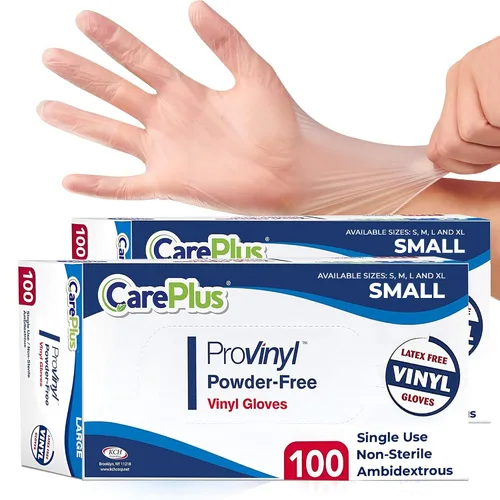 Miniatura 22 de Care Plus – Guantes de vinilo desechables, sin talco, transparentes, sin látex, hipoalergénicos, caja de 100, M Vinilo transparente