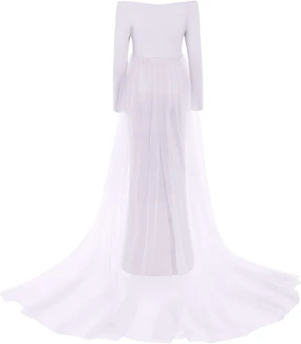 Miniatura 4 de Vestido de maternidad maxi de manga larga con hombros descubiertos para mujer, vestido de fotografía de tul para boda estilo sirena para sesión