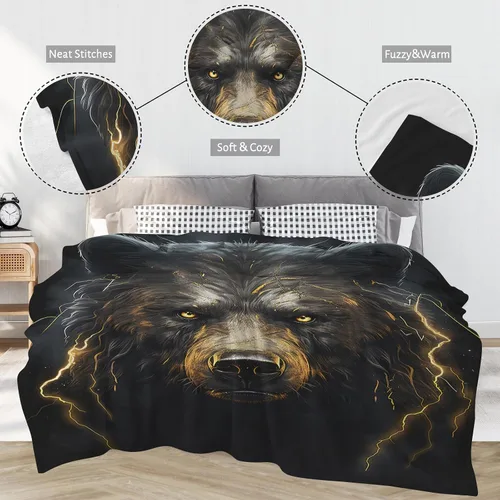 Miniatura 3 de Huke Manta de regalo de oso, manta de oso rayo de fuego negro y dorado, regalos de oso para adultos/niños/estudiantes, manta con estampado