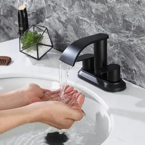 Miniatura 6 de Grifo central de baño de 4 pulgadas, color negro mate, grifo de lavabo de 2 manijas con tapón de drenaje emergente, grifo de fregadero de baño