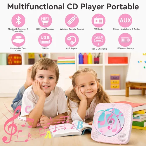 Miniatura 2 de Reproductor de CD portátil Bluetooth recargable: reproductores de CD para el hogar Kegaudio 1800mAh reproductor de CD de pared de escritorio con Rosa