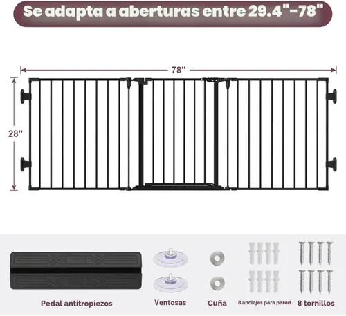 Miniatura 8 de Puerta de bebé extra ancha de 29.4 a 78 pulgadas, puertas largas para perros para puertas y escaleras, puerta de seguridad grande esencial para Negro