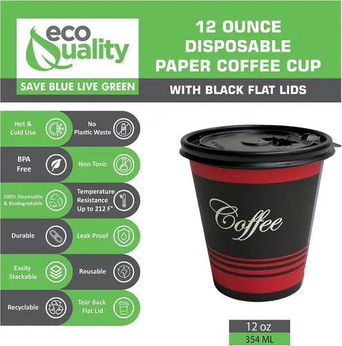 Miniatura 2 de EcoQuality Tazas de café de papel desechables de 12 onzas con tapas planas negras, vasos de papel reciclables para bebidas calientes/frías con tapas