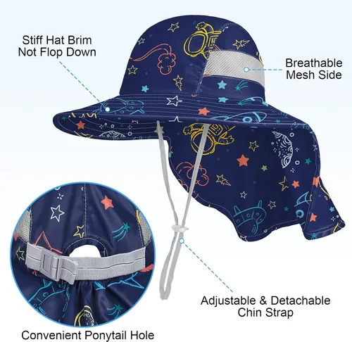 Miniatura 21 de Sombrero de sol para niños, protección UV, unicornio, verano, playa, jugar con ala ancha, solapa para el cuello para niñas y niños