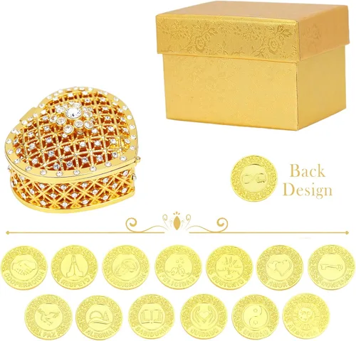 Miniatura 8 de TINGKU 13 palabras españolas Las Arras para Boda Católica, juego de monedas de unidad de boda con caja en forma de corazón, Arras de Boda Cristiana