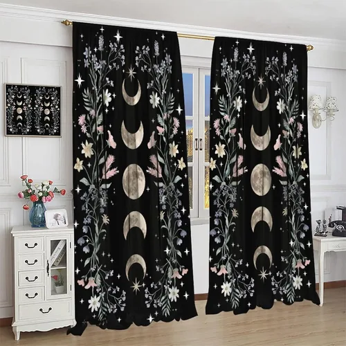 Miniatura 4 de Cortinas Florales de Luna Flores Silvestres Fase Jardín Iluminado por la Luna Estética Boho Primavera Naturaleza Juego de Tratamiento de Ventana