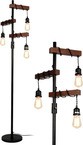 Lámpara de pie industrial, estilo árbol de granja de 68 pulgadas, 3 luces, lámpara de pie de madera, poste alto de metal vintage negro resistente