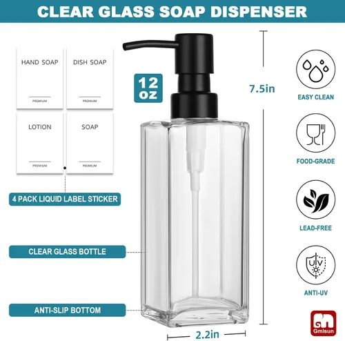 Miniatura 2 de Dispensador de jabón de vidrio GMISUN con bomba de acero inoxidable, dispensador de jabón de manos transparente para baño, juego de dispensadores