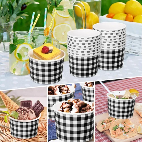 Miniatura 6 de Sieral Paquete de 50 tazas de papel de helado de guingán de 9 onzas, cuencos desechables de picnic, postre de búfalo a cuadros, cuenco de papel a