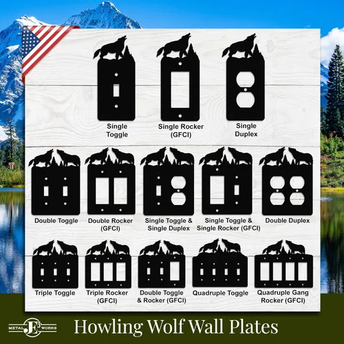 Miniatura 3 de Interruptor de luz de palanca Howling Wolves y placa de pared dúplex individual (palanca individual con potencia, negro) - Fabricado en Estados