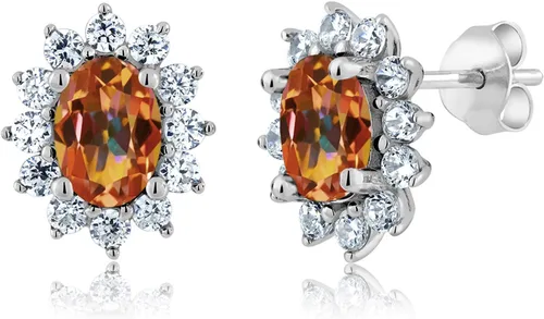 Miniatura 161 de Gem Stone King Aretes ovalados de plata de ley 925 de 0.276 x 0.197 in con piedra natal de la princesa Diana, estilo halo real para mujeres