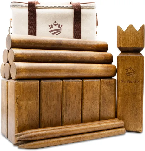 Miniatura 13 de SunNordic Kubb Set de Juego de Patio, Juego de Lanzamiento de Madera de Caucho para Jardín al Aire Libre con Bolsa de Transporte de Lona, Juego