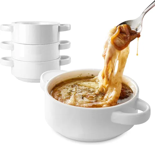Modern Innovations Cuencos de sopa de cebolla francesa de 20 onzas con asas en color blanco (juego de 4) aptos para horno y microondas, gres