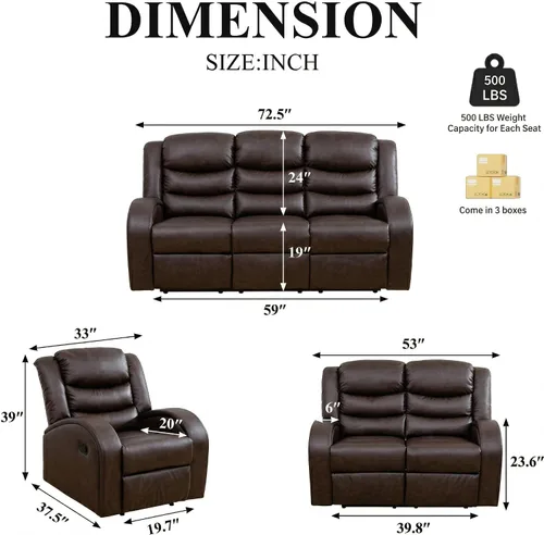 Miniatura 2 de Juego de sofá reclinable de 3 piezas, juego de muebles de sala de estar, sofá reclinable seccional de cuero, sofá reclinable manual, cómodo asiento