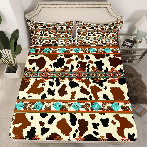 Miniatura 16 de Juego de ropa de cama de estilo bohemio occidental, tamaño individual, diseño de vaca atrapasueños, sábana bajera ajustable del suroeste, tribu