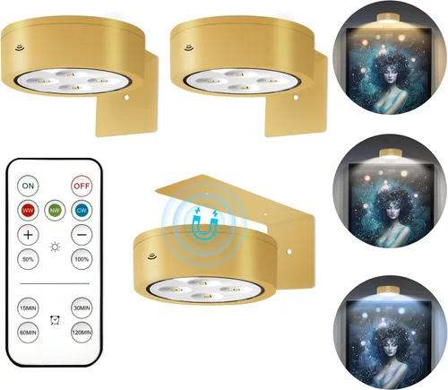 Miniatura 18 de Paquete de 3 luces para cuadros de pared, luz LED para pintura operada por batería recargable con control remoto regulable y temporizador, 3 modos