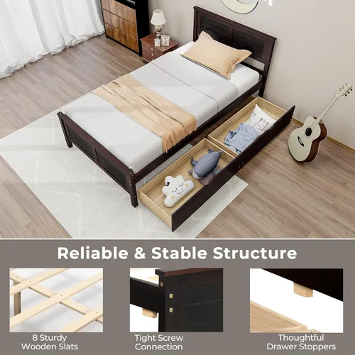 Miniatura 5 de Giantex Cama individual de madera con 2 cajones de almacenamiento, plataforma de madera maciza con cabecero, base de colchón de soporte de listones